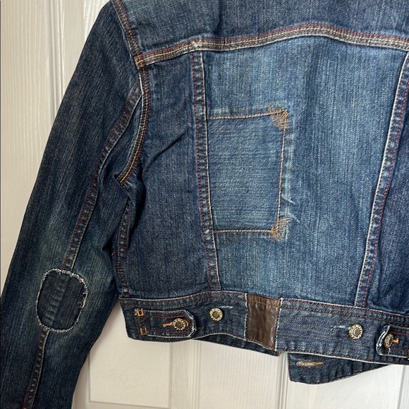 Y2K Special Edition Old Navy Women's Blue Denim Jacket cropped leather cuff med - Picture 7 of 14